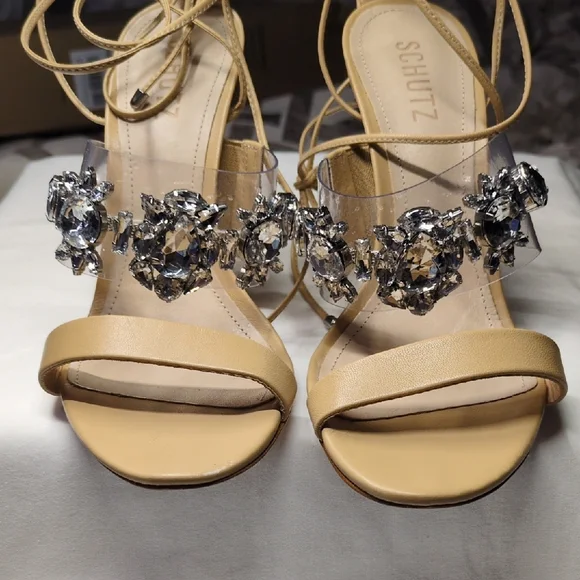 Schultz Light Nude & Rhinestone High Heel Sandals Wedding Bridal - Picture 3 of 7